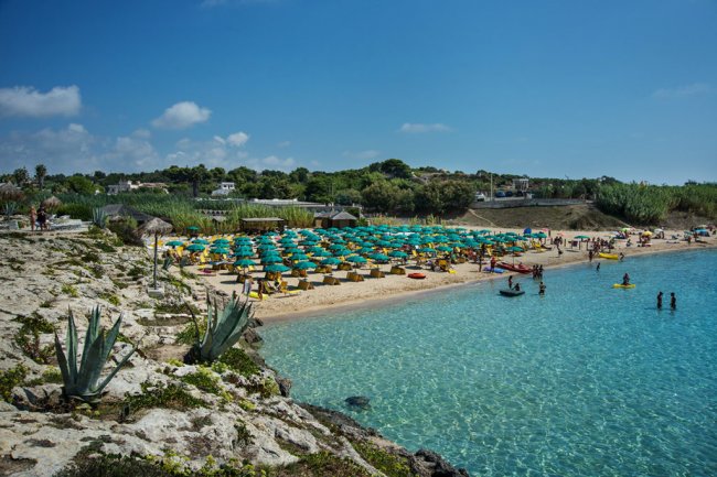 Spiaggia affollata con ombrelloni verdi, mare limpido.