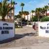 Ingresso di un hotel con palme.