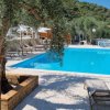 Piscina all'aperto blu, sedie a sdraio e ulivi attorno.