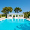 Piscina esterna con sdraio e palme.